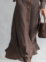 Vintage-style Collared Brown Striped Maxi Dress