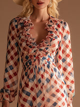 Fashionable Retro Plaid Print Ruffled Chiffon Maxi Dress