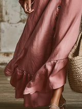 Elegant Pink Linen V-neck Button-front Maxi Dress