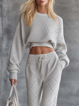 Fashion Breathable Sports Diamond-shaped Openwork Pattern Light Gray Knitted Top And Pants