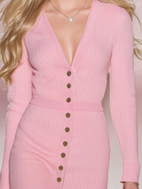 Fashionable Pink V-neck Button-down Knit Slit Midi Dress