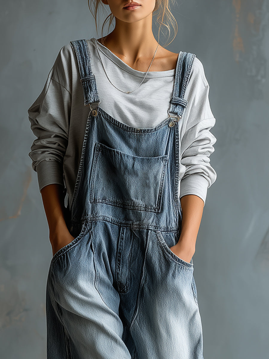 Casual Retro Washed Denim Blue Pocket Overalls