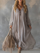 V-Neck Light Gray Pleated Chiffon Maxi Dress