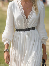 Western-style White Cotton And Linen Blend With Lace Inserts And A Side Slit Maxi Dress