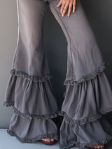 Retro Romantic Gray Frayed Ruffle Flared Jeans