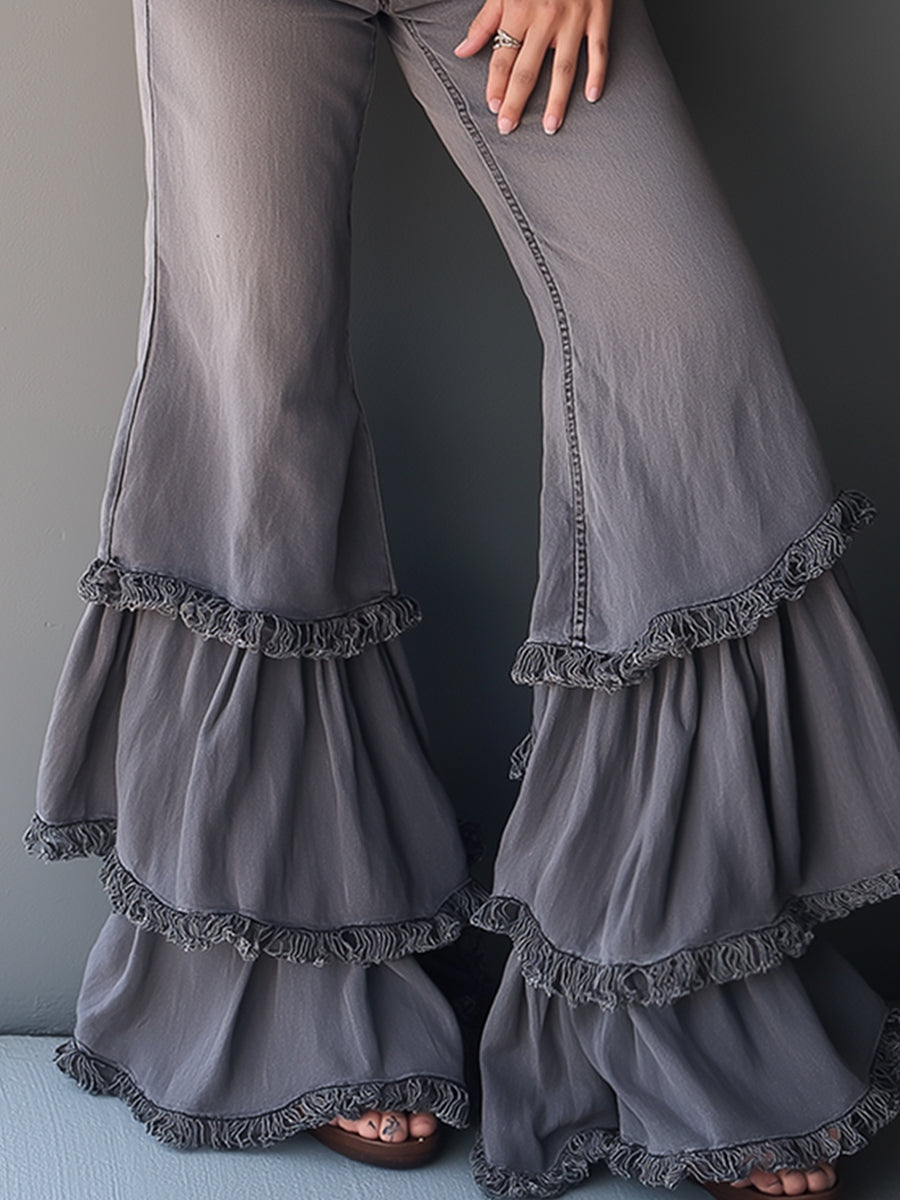 Retro Romantic Gray Frayed Ruffle Flared Jeans