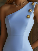 【24-hour shipping out】Women's Blue Off-shoulder Hip-wrapped Dress With Gold Buttons