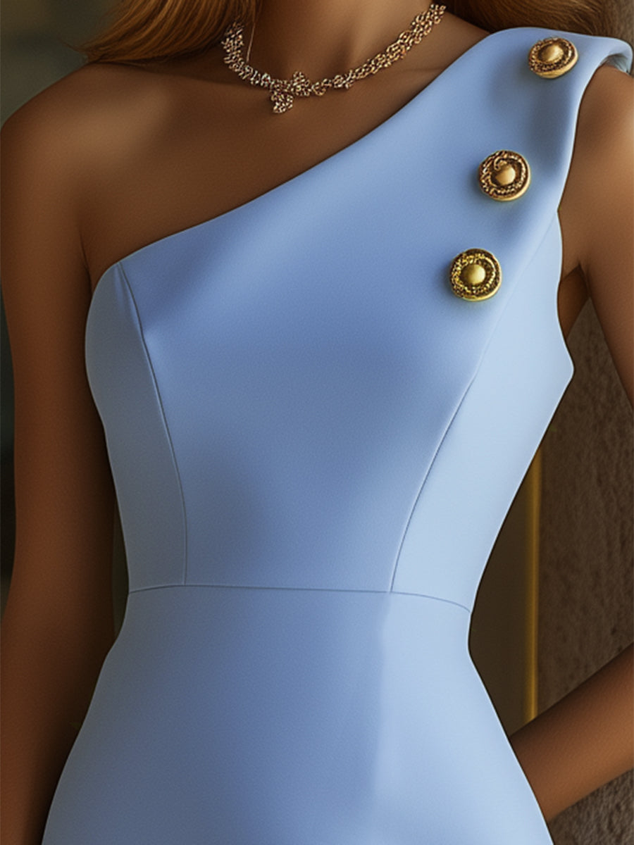 【24-hour shipping out】Women's Blue Off-shoulder Hip-wrapped Dress With Gold Buttons