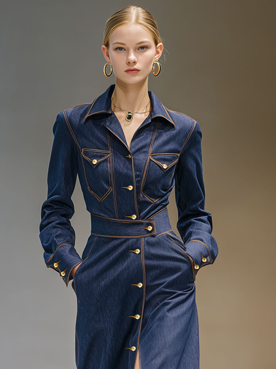 Fashionable Retro Long-sleeved Dark Blue Denim Cardigan Midi Dress