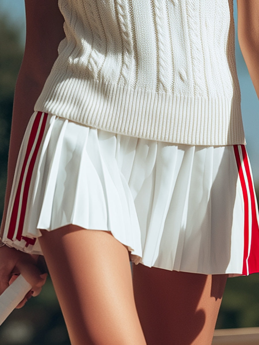 【24-hour shipping out】Retro Sports Style Stand-up Collar Pleated Sleeveless Knitted Top Pleated Skirt Suit