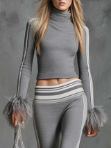 Retro Fashion Sporty Gray Knitted Feather Cuffs High-neck Top And Slim-fit Flared Pants Suit
