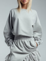 Casual And Stylish Loose-fitting Light Gray Sweatshirt With Ruffled Trim And Irregular Skirt Set