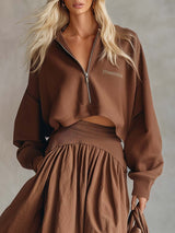 Elegant Retro Sporty Lapel Front Zipper Brown Cotton Sweatshirt And A-line Long Skirt Set