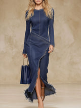 Elegant Round Neck Side-slit Denim Long-sleeved Midi Dress