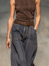 Relaxed Loose Vintage Raw Edge Dark Grey Wide Leg Jeans