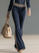 Retro Fashion Sports Dark Blue Corduroy Hooded Zipper V-neck Top And Pants Set