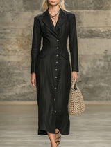 Elegant Black Cotton And Linen With A Lapel Collar And Button Closure Maxi Dress