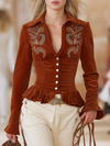Premium Western-style Corduroy Embroidered Ruffled Hem Reddish-brown Shirt