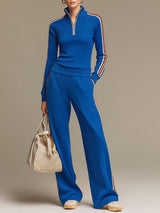 Sporty Retro Royal Blue Ribbed Knit Top And Wide-leg Pants Set