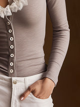 Stylish And Elegant White Lace V-neck Gray Cotton Shirt