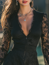 Elegant And Charming Sporty Zipper V-neck Lace Mini Dress