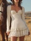 Western-style White Cotton And Linen Mini Dress With Ruffled Long Sleeves.