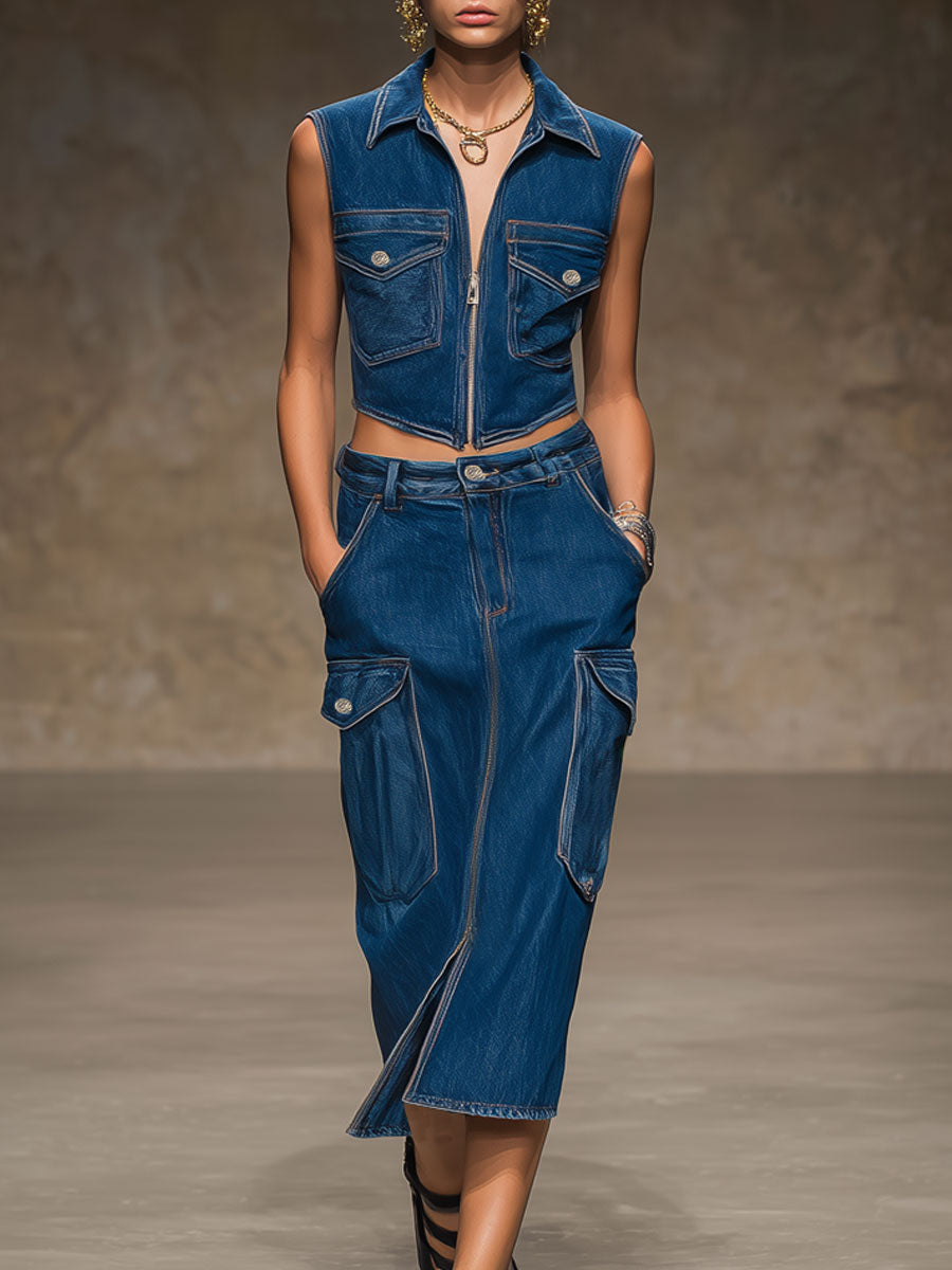 Casual Retro Dark Blue Denim Vest And Workwear Skirt Set