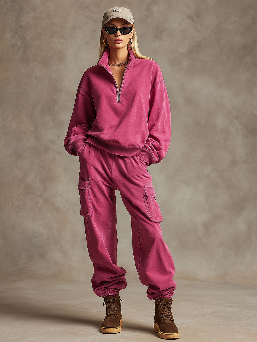 Casual Sporty Retro Rose Red Cotton Sweatshirt And Cargo Pants Set