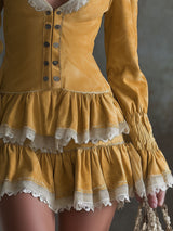 V-neck Lace-trimmed Faux Suede Long-sleeved Mini Dress