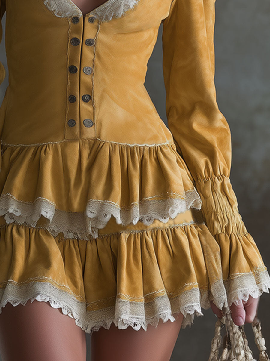 V-neck Lace-trimmed Faux Suede Long-sleeved Mini Dress