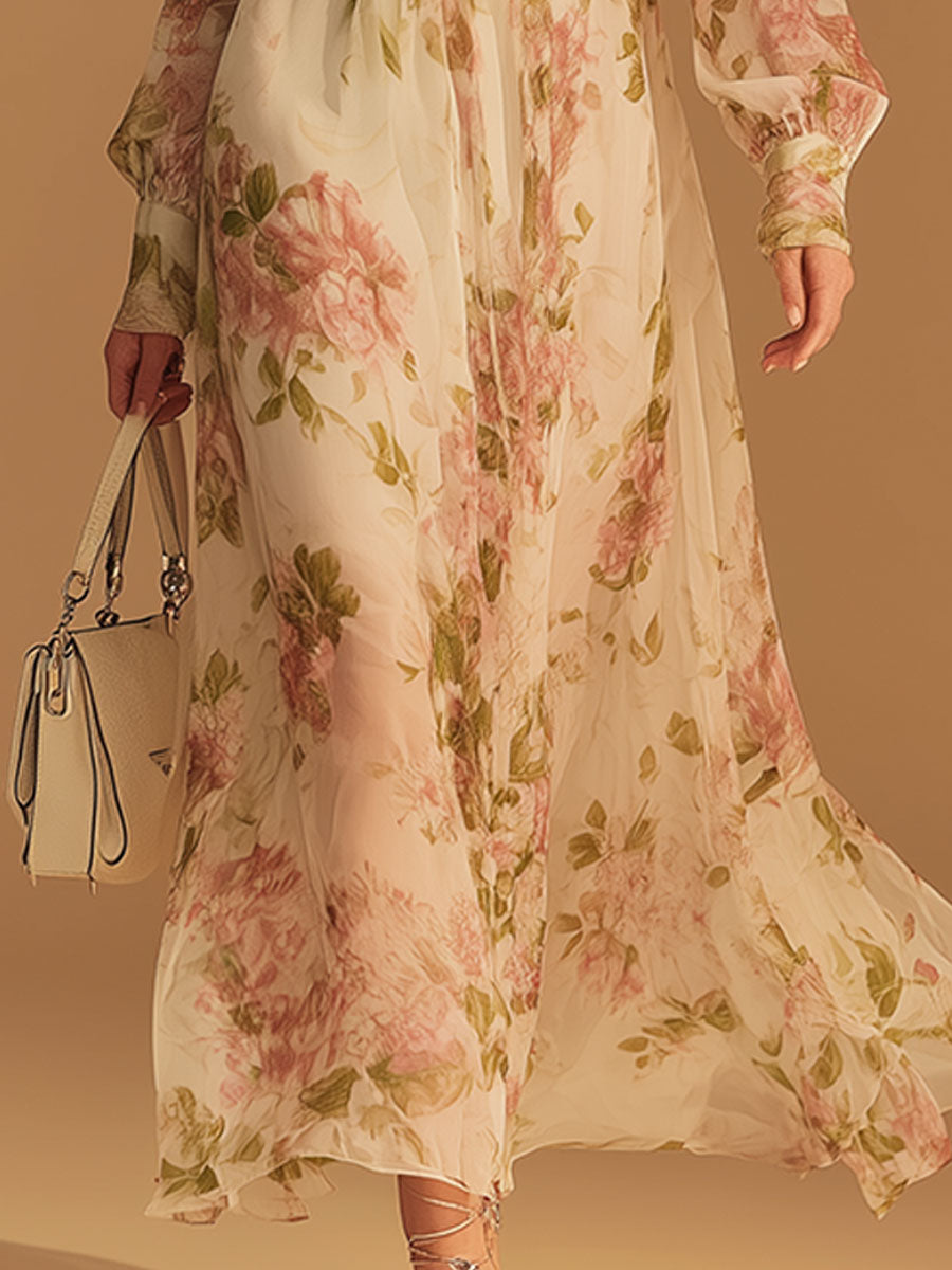 Elegant And Flowing V-neck Red Printed White Chiffon Midi Dress