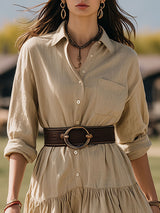 Western-style Loose-fitting Khaki Cotton-linen Blend Button-down Midi Dress