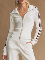 Sporty Retro Ribbed White Knitted Ribbed Long-Sleeve Top And Wide-Leg Pants Set