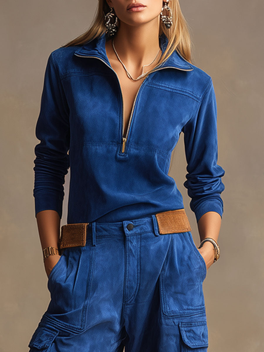 Western Retro Royal Blue Faux Suede Half-zip Work Pants And Top Set