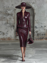 Elegant Angora Red Faux Crocodile Leather Zip-up Jacket And Skirt Set