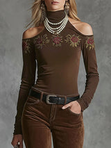 High-neckoff-shoulder Rose-embroidered All-cotton Long-sleeved T-shirt