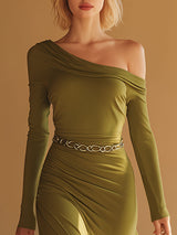 Stylish And Sexy One-shoulder Green Cotton Midi Dress