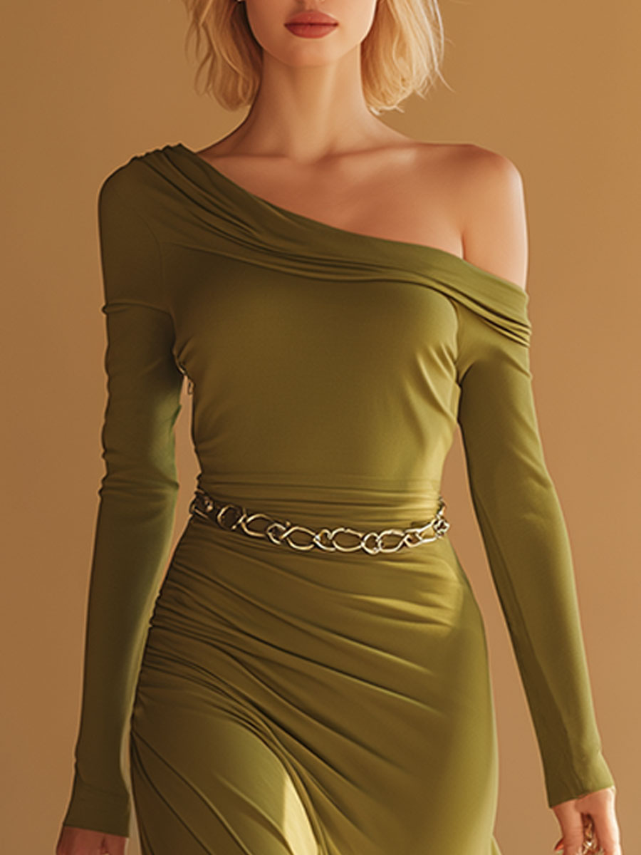 Stylish And Sexy One-shoulder Green Cotton Midi Dress