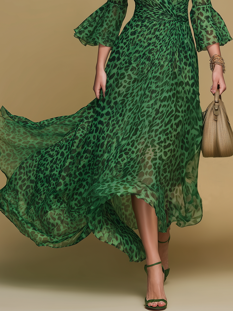 Elegant And Retro V-neck Leopard Print Chiffon Midi Dress