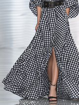High-end Chic Black And White Checkered Ruched Sleeve Cotton Maxi Dress