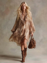 Elegant Vintage Western Ruffled V-neck Leopard Print Beige Chiffon Mini Dress