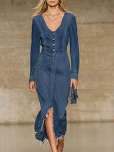 Elegant V-neck Button-down Frayed Denim Long-sleeved Midi Dress