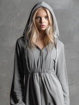 Casual And Stylish Zipper Gray Hooded Mini Dress