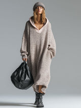 Fashion Loose Retro Trimmed Floral Gray Hooded Knitted Midi Dress