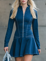 Stylish Blue DenimWith Zipper And Stitching Details Mini Dress