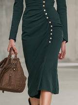 Vintage Green Pleated V-neck Button-down Midi Dress