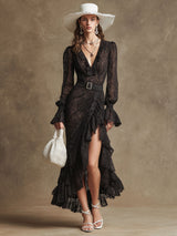 Elegant Retro Long-sleeved V-neck Slit Ruffled Black Lace Maxi Dress