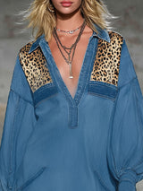 Lapel Collardenim And Leopard Print Patchwork Long-sleeved Mini Dress