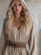 Stylish Leopard Print Trim Beige Thin Knit Hooded Sporty Mini Dress