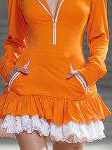 Active Sporty White Lace Ruffled Orange Hooded Mini Dress
